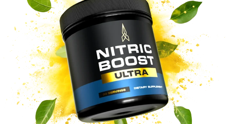 "Bottle of Nitric Boost Ultra supplement showcasing its 100% natural ingredients for cardiovascular health and energy."